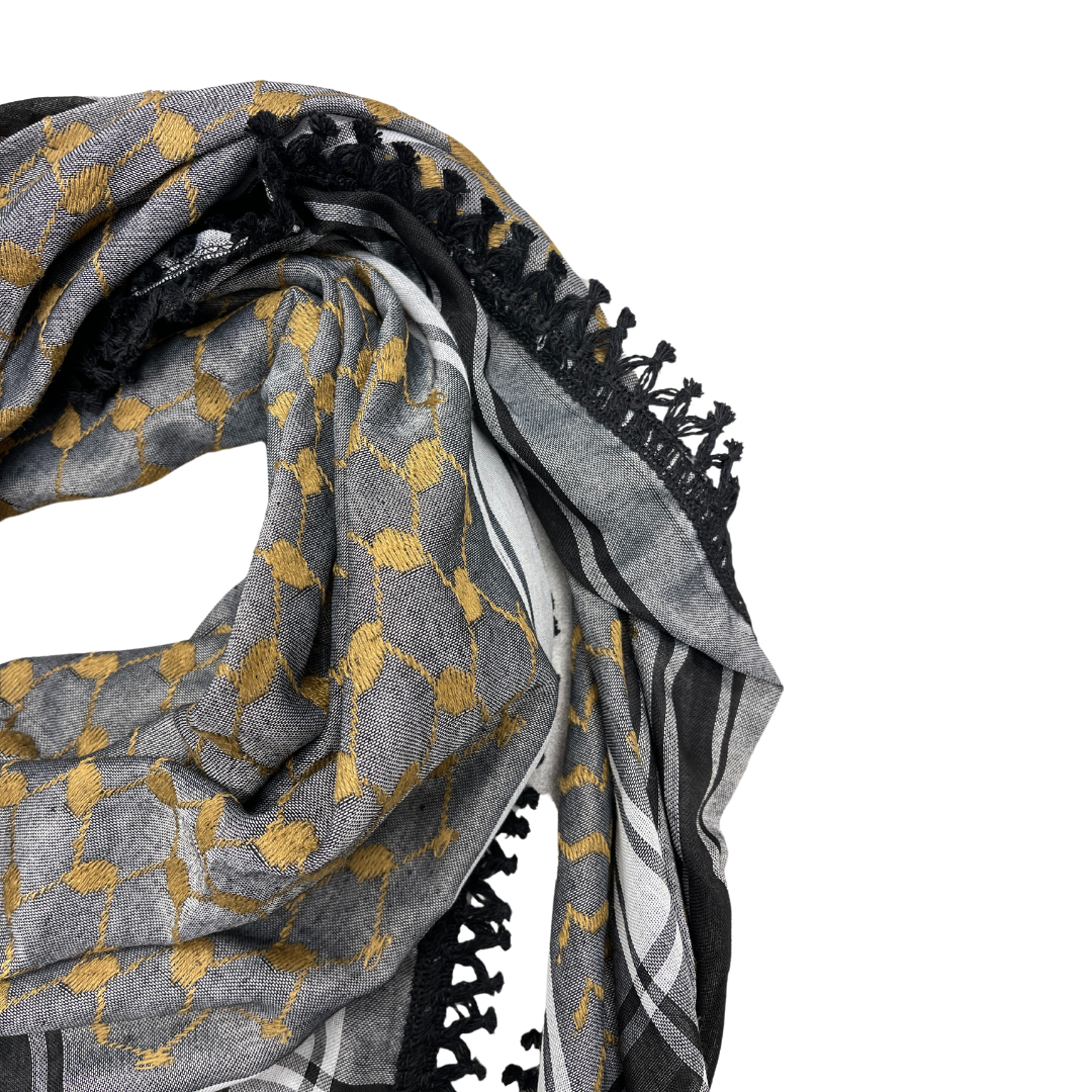 Gold on Grey Kuffiyeh with Black Tassels