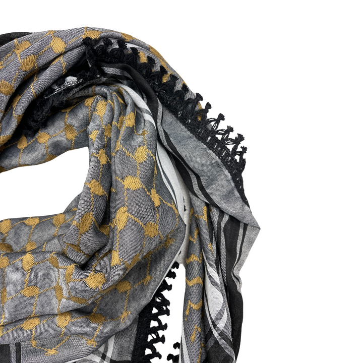 Gold on Grey Kuffiyeh with Black Tassels