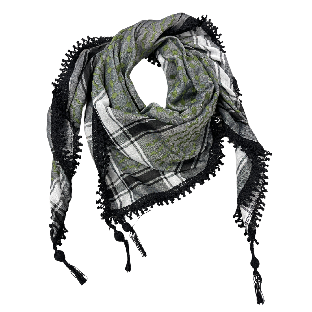 Green on Grey Kuffiyeh with Black Tassels