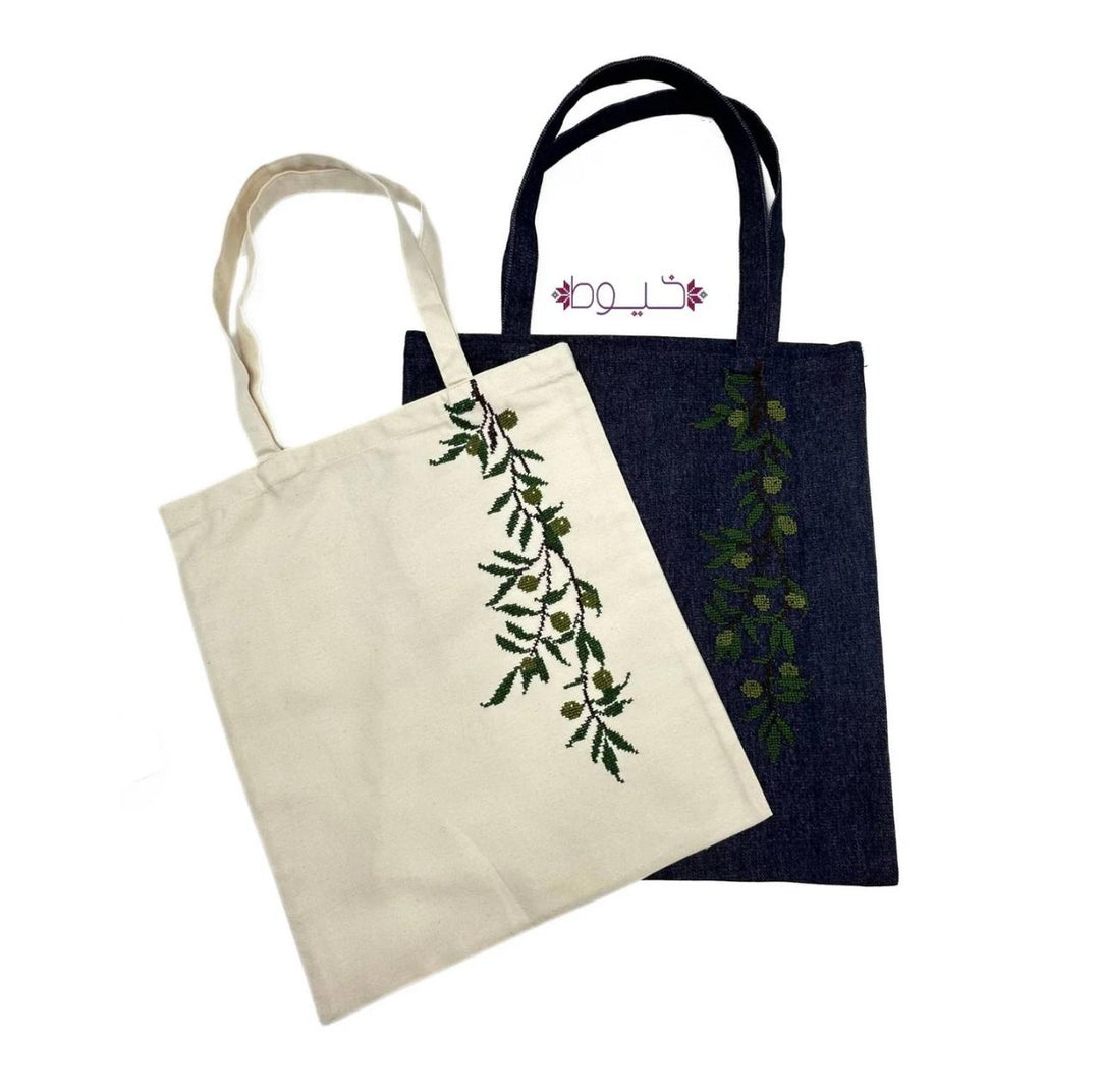 Hand Embroidered Beige Olive Branch Tote Bag
