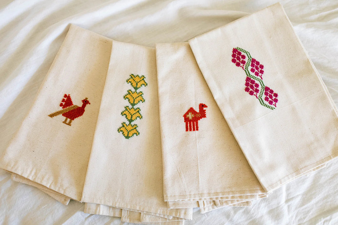 Hand Embroidered Tea Towels - Camel Motif - 100% Linen