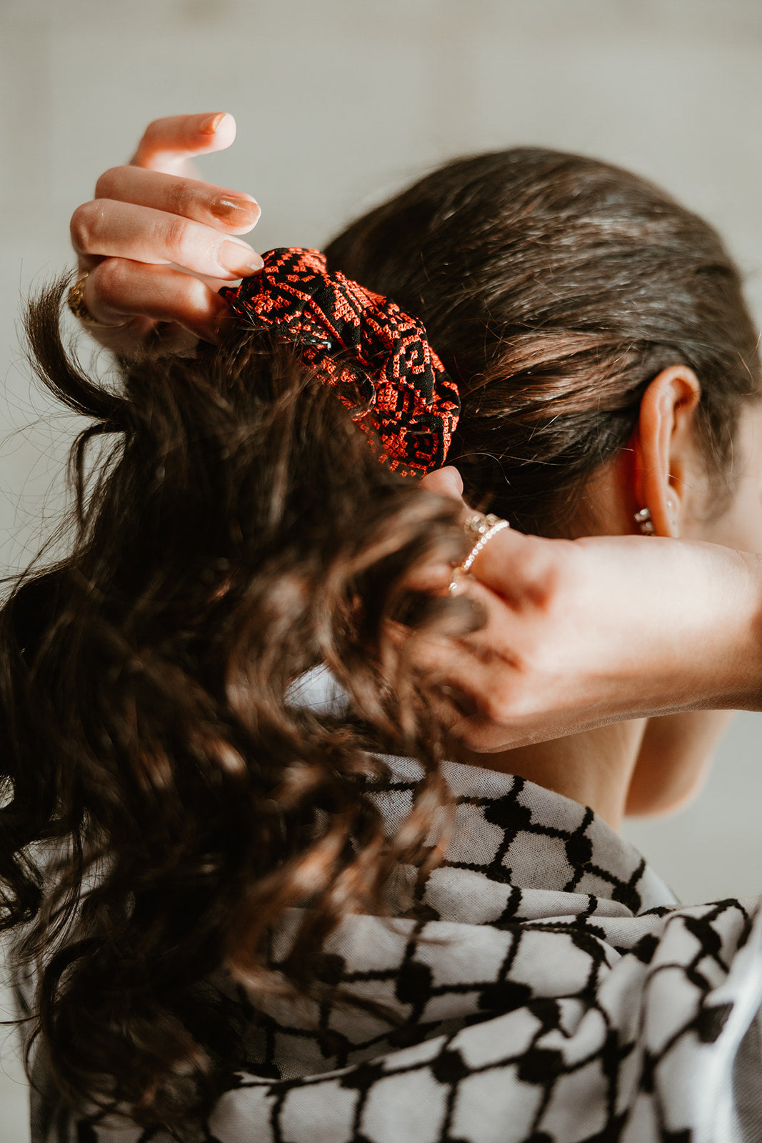 Embroidered Scrunchies - Red and Black - Handmade