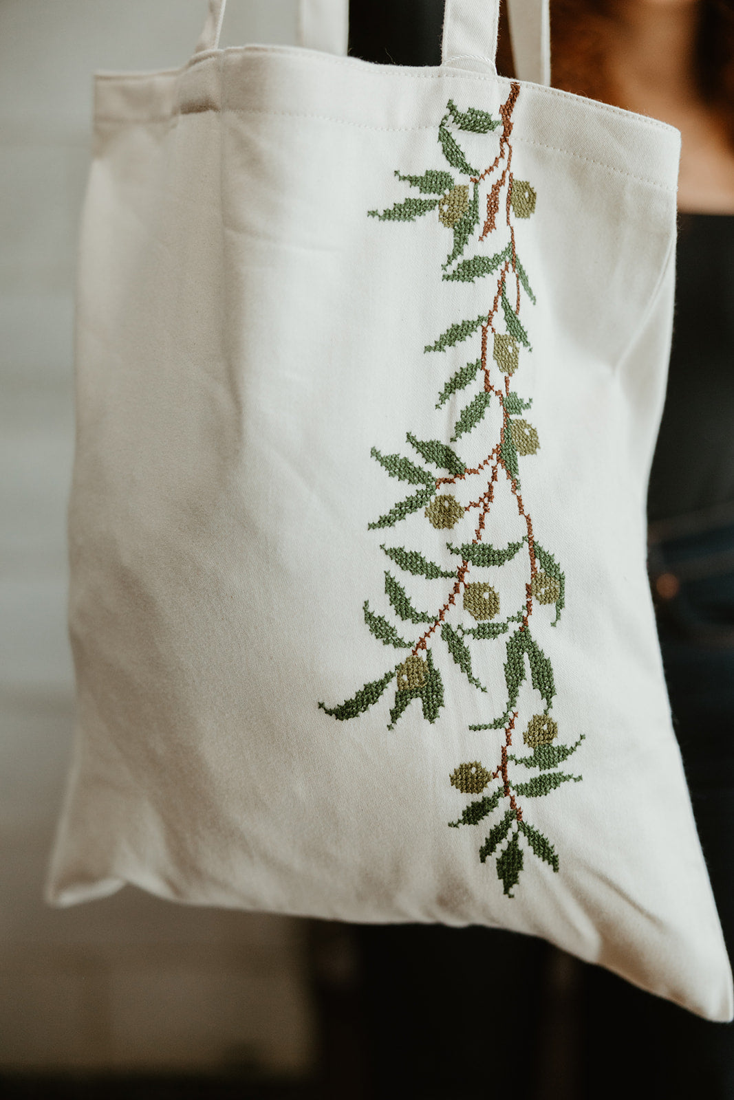 Hand Embroidered Beige Olive Branch Tote Bag Sitti Social Enterprise