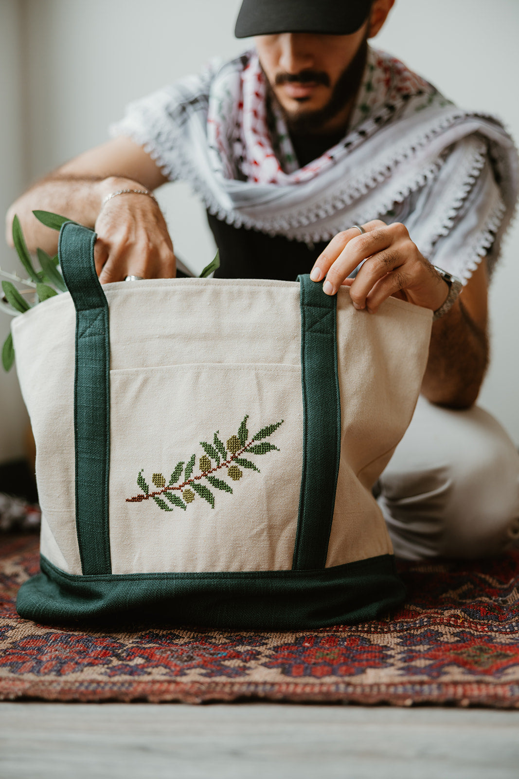 Hand Embroidered Olive Branch Travel Tote Bag (Large)