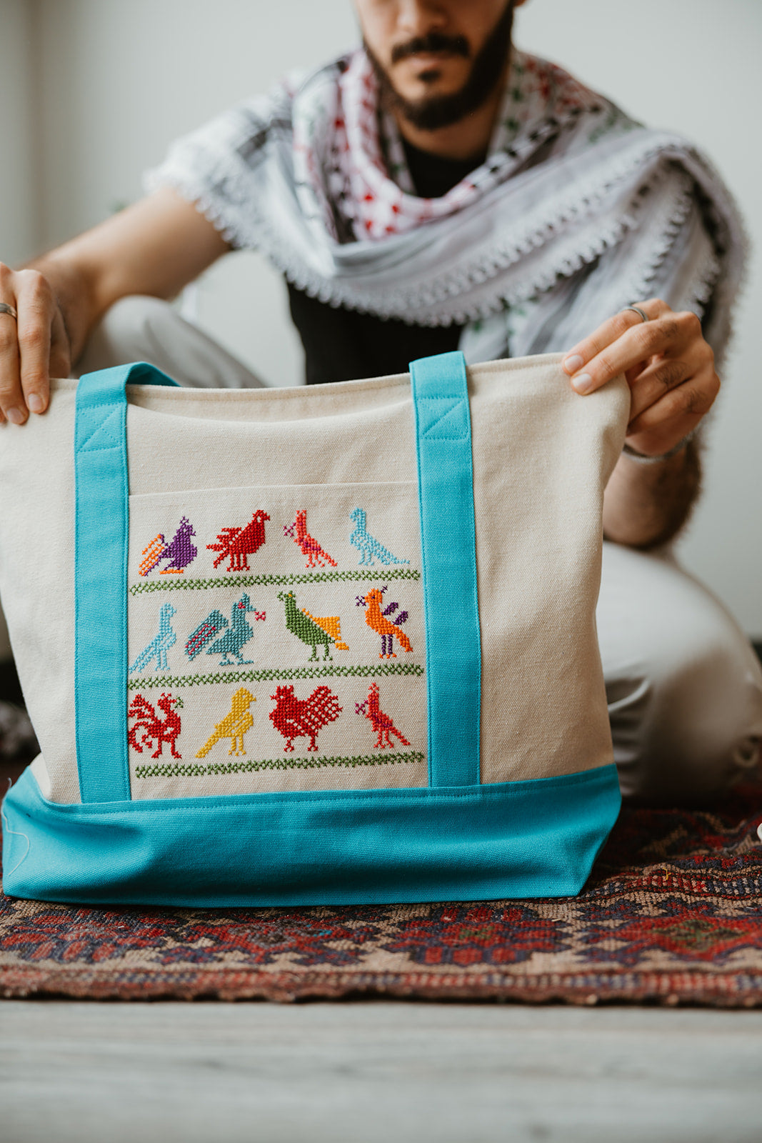 Hand Embroidered Birds of Palestine Travel Tote Bag (Large)