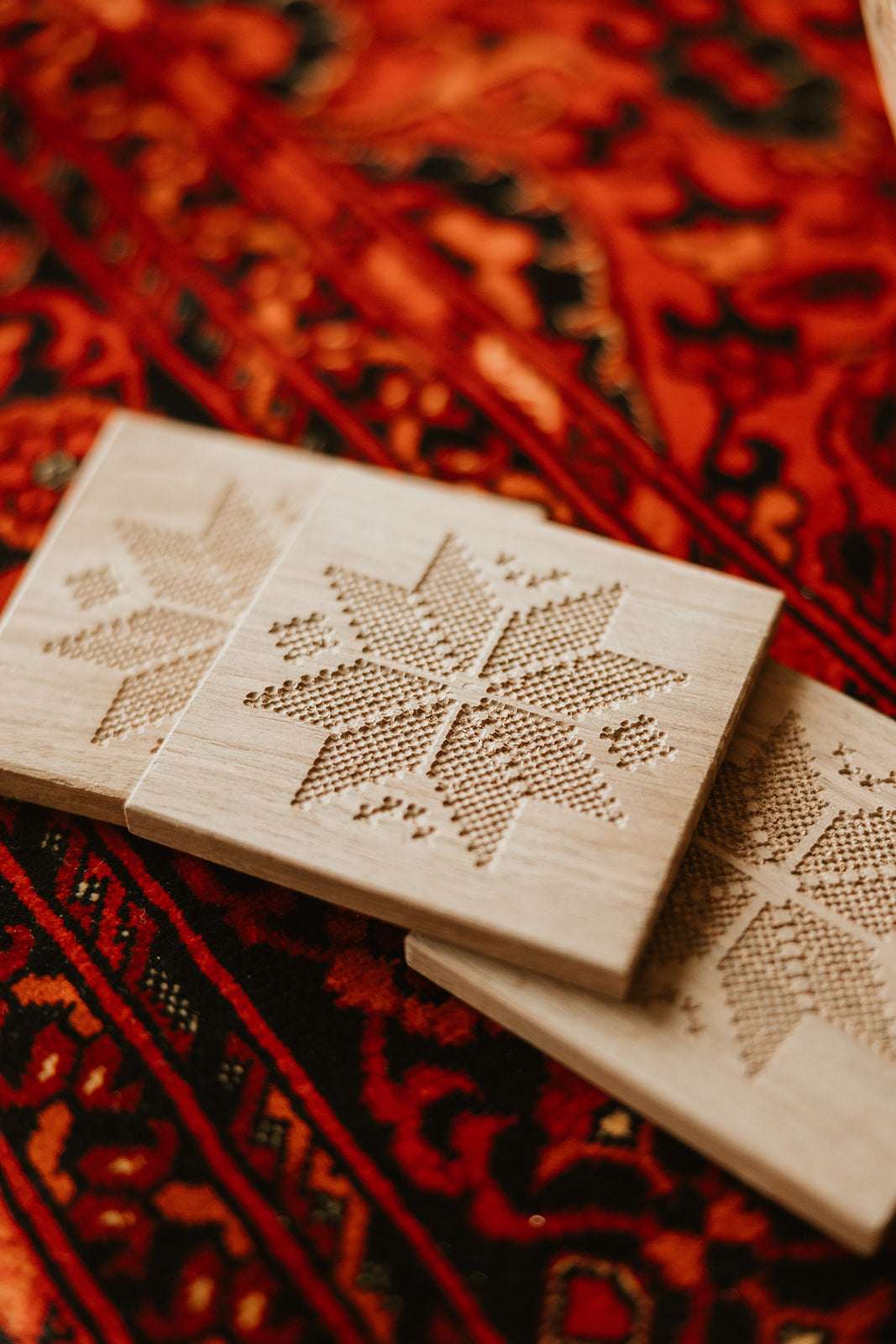Hand-Carved Oak Wood Coasters (Set of 3)