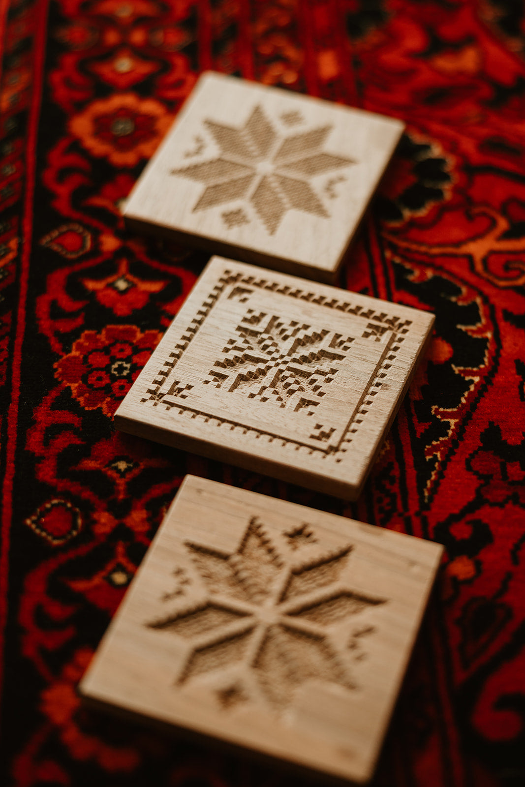 Hand-Carved Oak Wood Coasters (Set of 3)