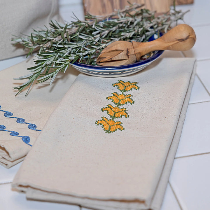 Hand Embroidered Tea Towels - Cauliflower Motif - 100% Linen