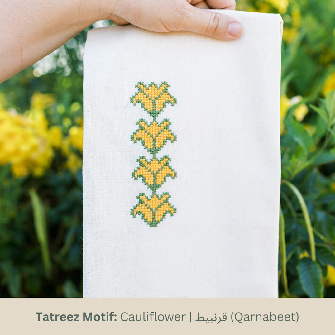 Hand Embroidered Tea Towels - Cauliflower Motif - 100% Linen