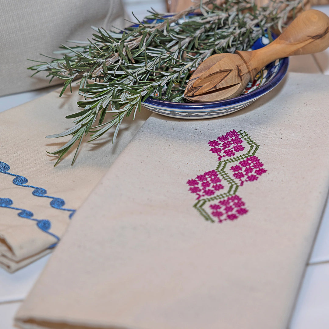 Hand Embroidered Tea Towels - Grapes Motif - 100% Linen
