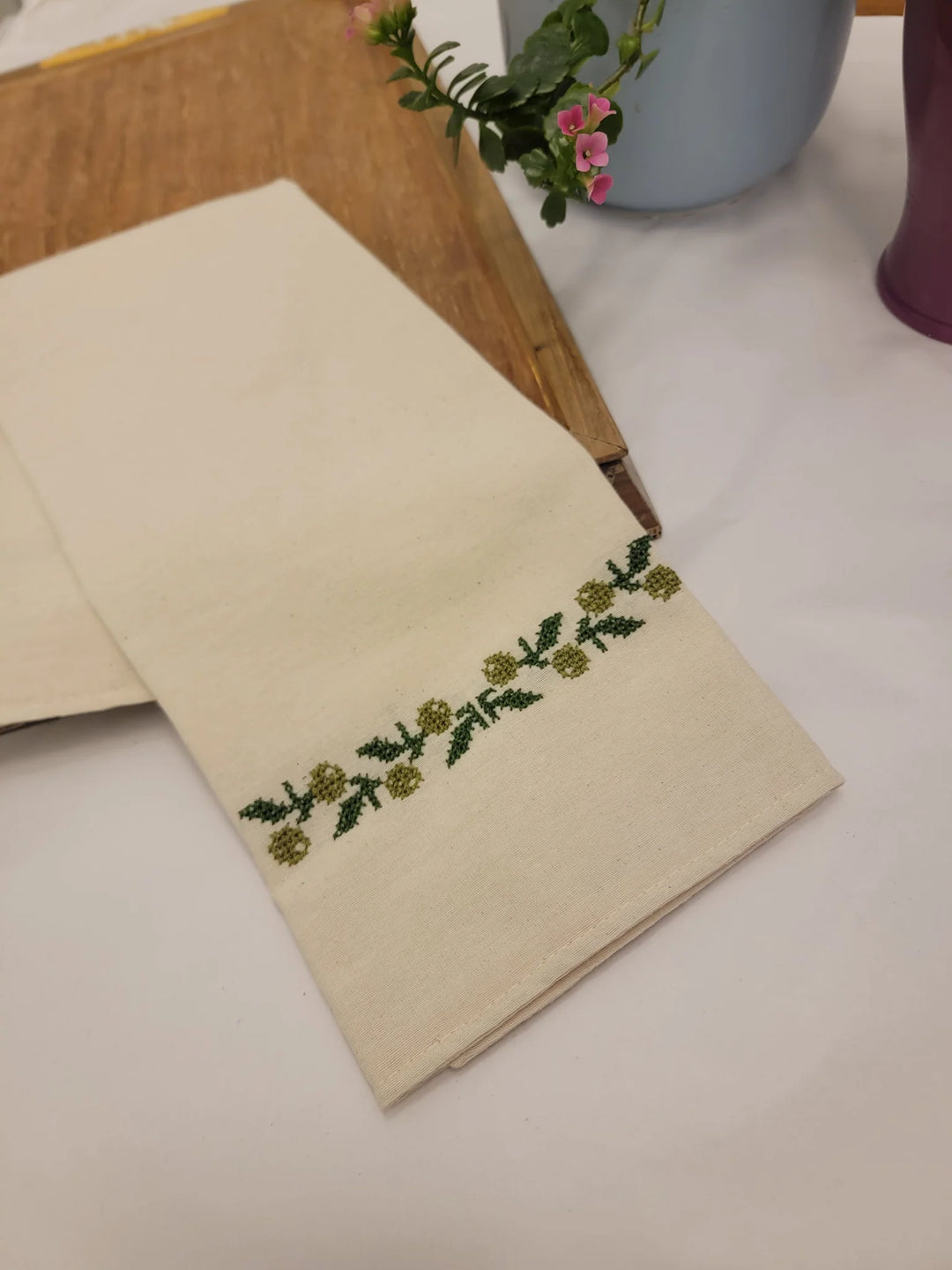 Hand Embroidered Tea Towels - Hawthorn Berry Motif - 100% Linen