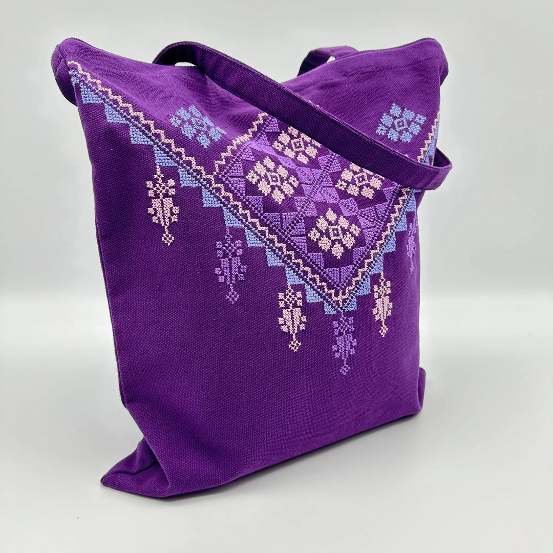 Hand Embroidered Purple Tote Bag