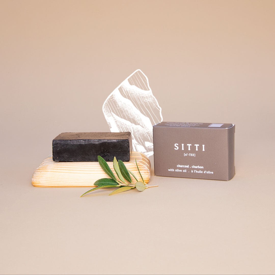 Charcoal Olive Oil Soap + Wooden Dish Set