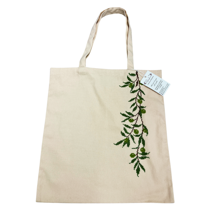 Hand Embroidered Beige Olive Branch Tote Bag