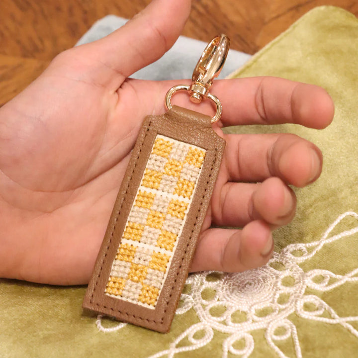 Leather Tatreez Hand-Embroidered Key-Fob (Made in Palestine) - Green/Yellow