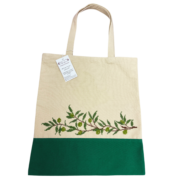 Hand Embroidered Beige and Green Olive Branch Tote Bag