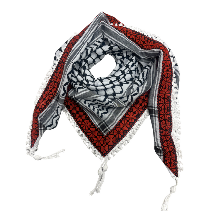 Red Poppy Embroidered Kuffiyeh - Black and White with Tassels