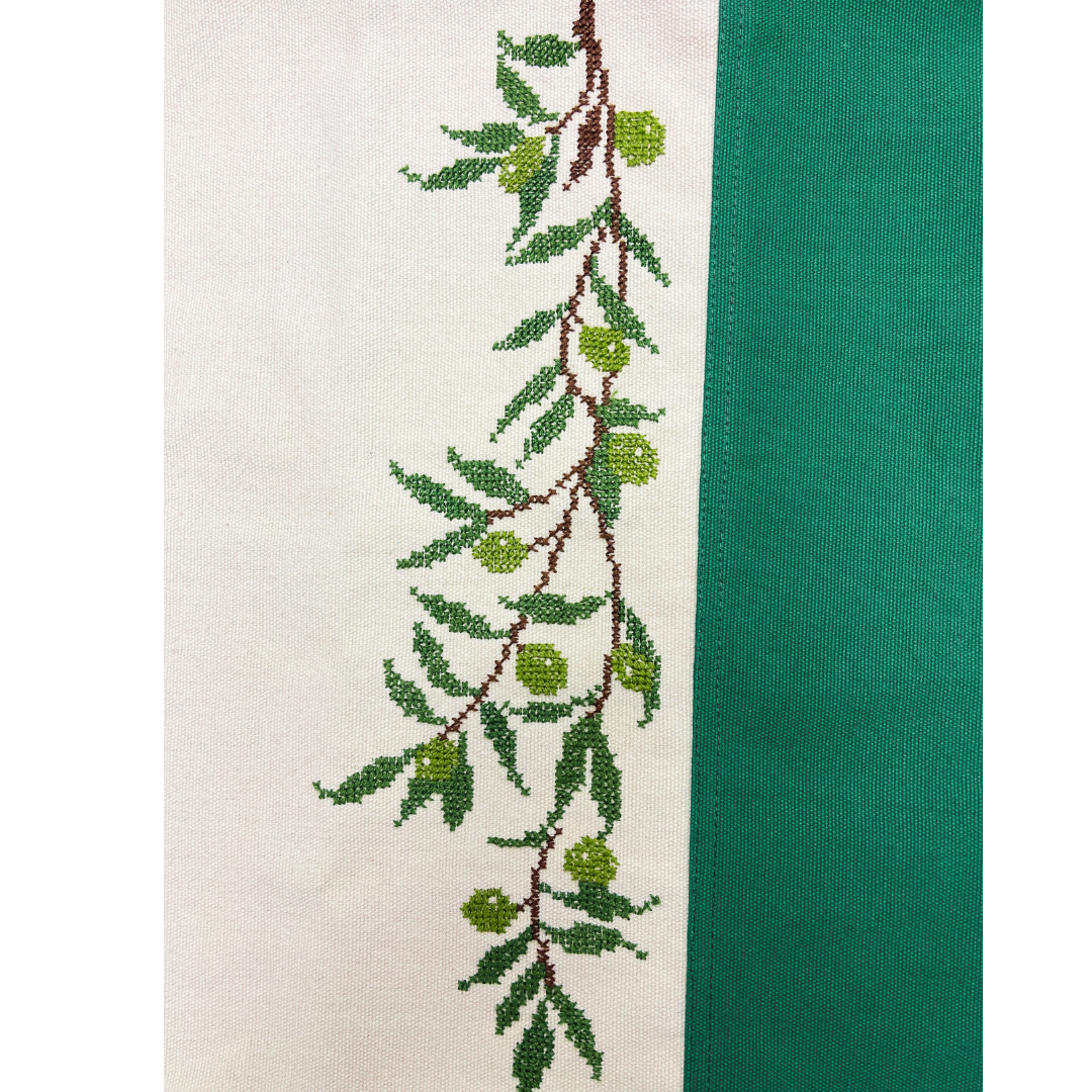 Hand Embroidered Beige and Green Olive Branch Tote Bag