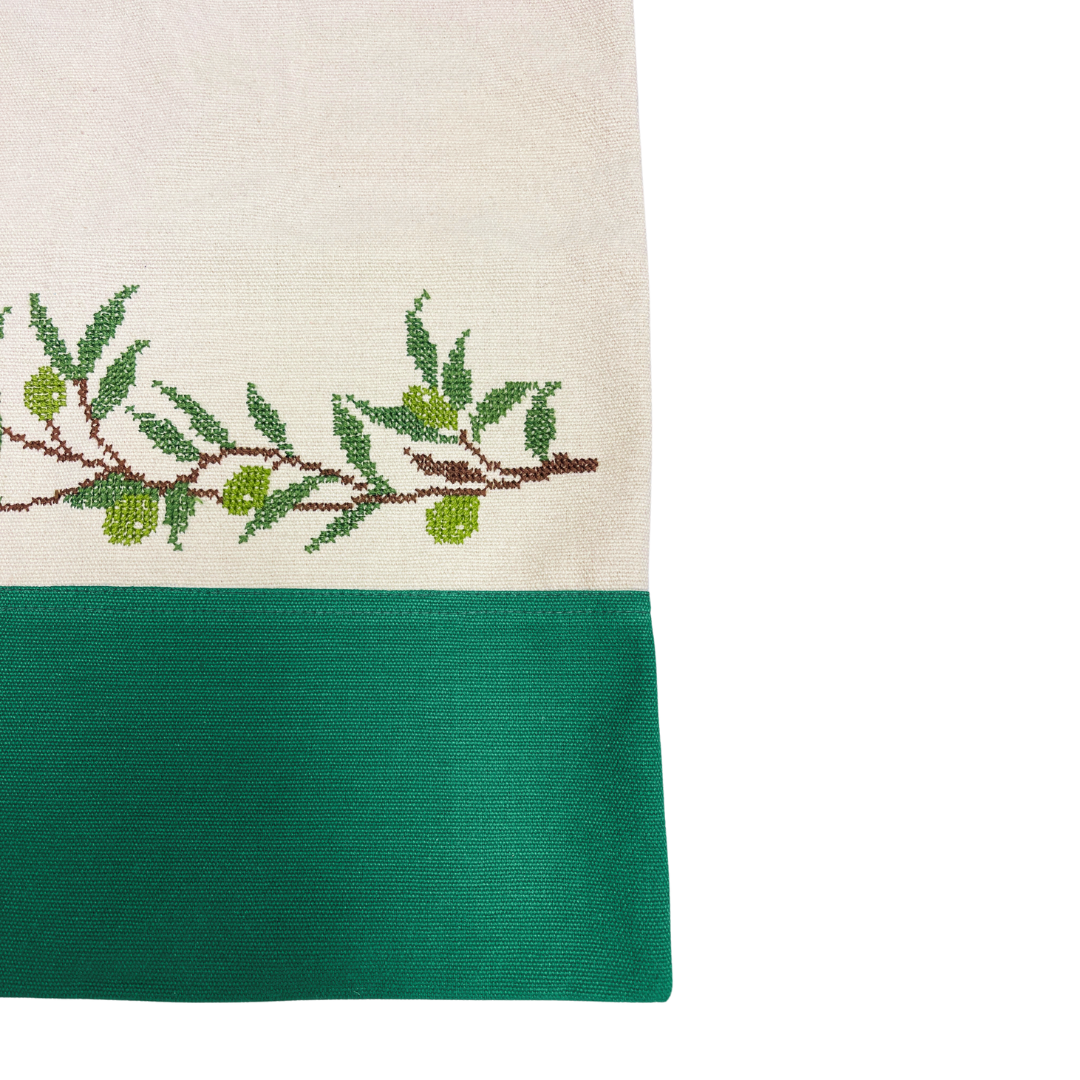 Hand Embroidered Beige and Green Olive Branch Tote Bag