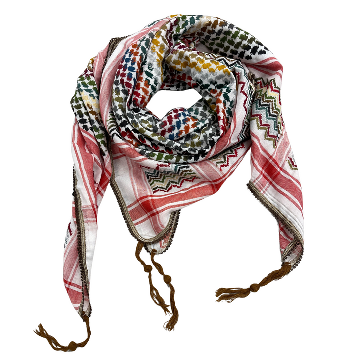 Red Multi-colored Kuffiyeh Scarf with Brown Tassels