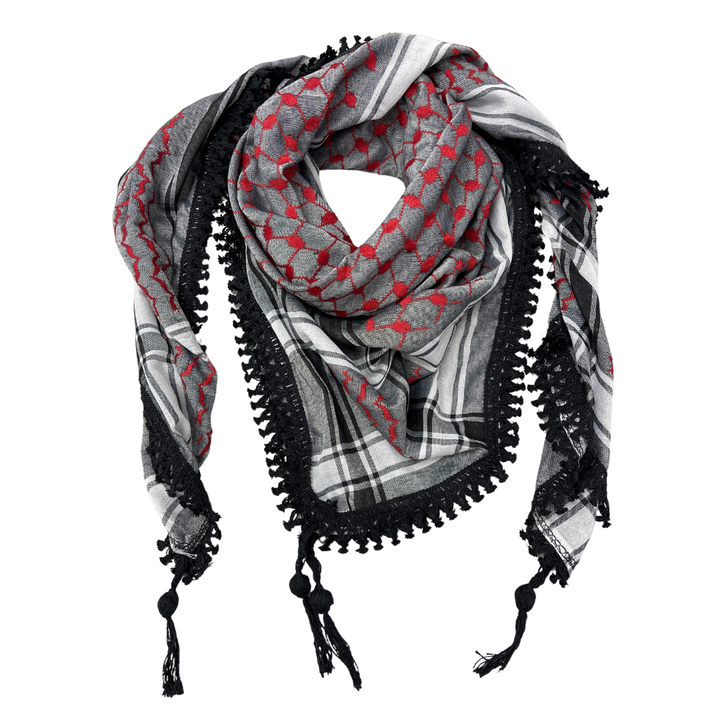 Red on Grey Kuffiyeh with Black Tassels