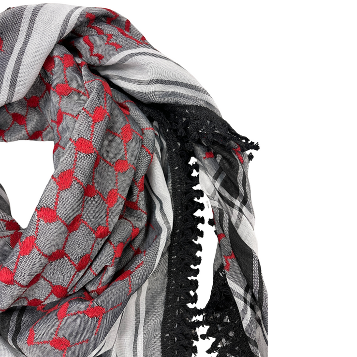 Red on Grey Kuffiyeh with Black Tassels