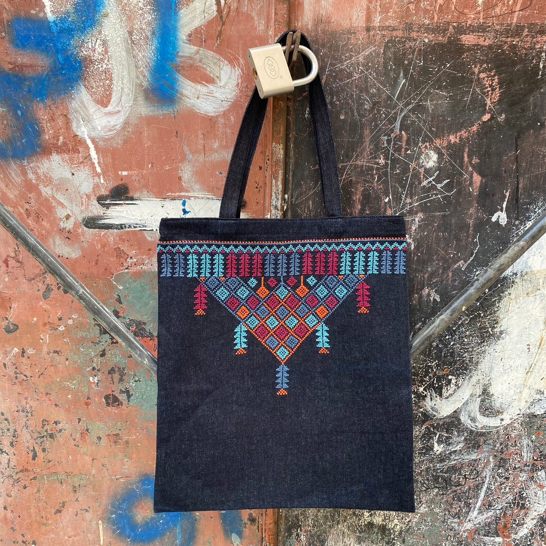Hand-Embroidered Tote Bag - Blue