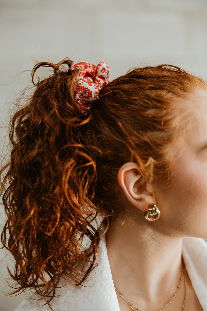 Embroidered Scrunchies - Red and White - Handmade