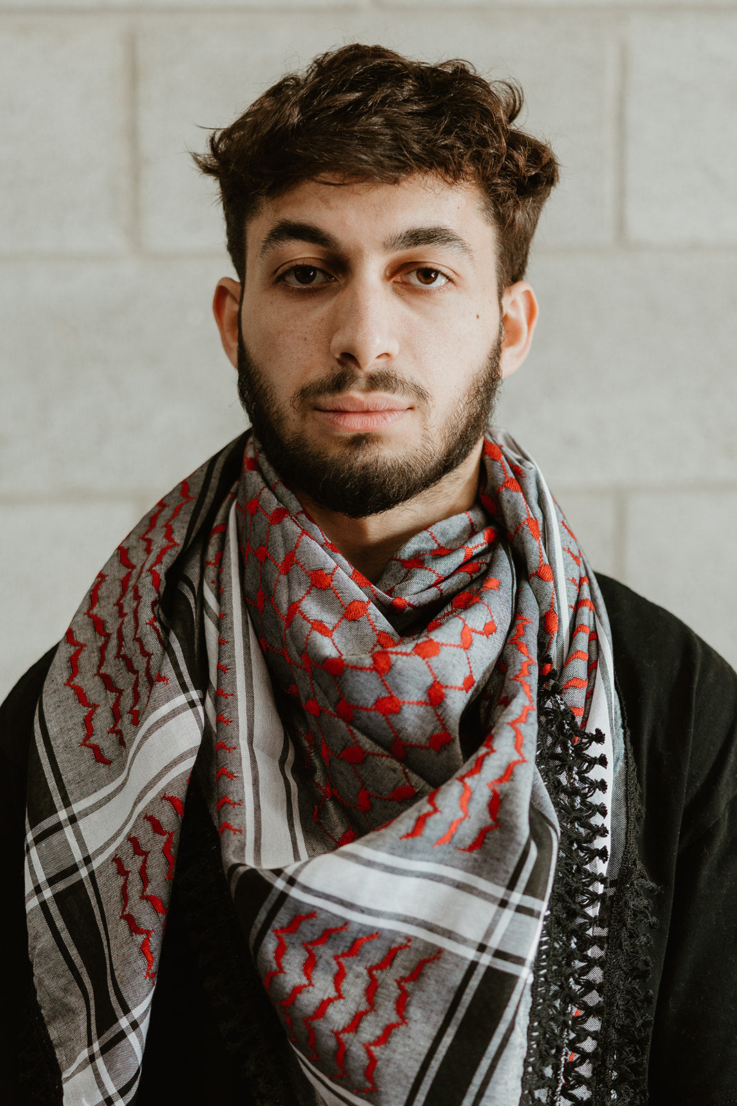 Red on Grey Kuffiyeh with Black Tassels