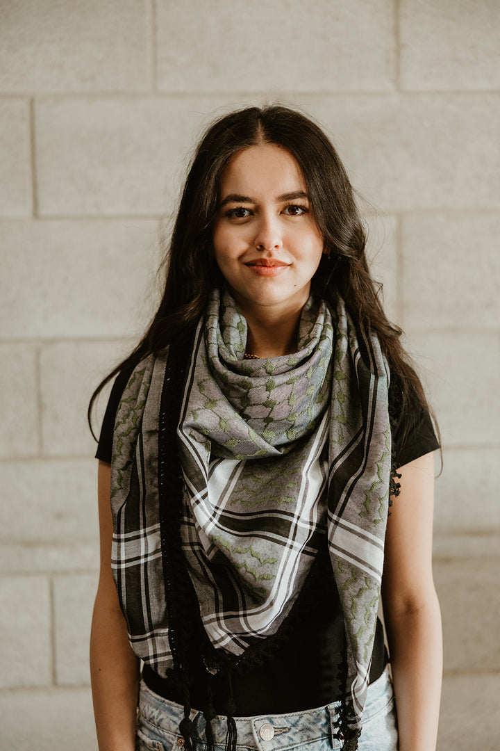 Green on Grey Kuffiyeh with Black Tassels