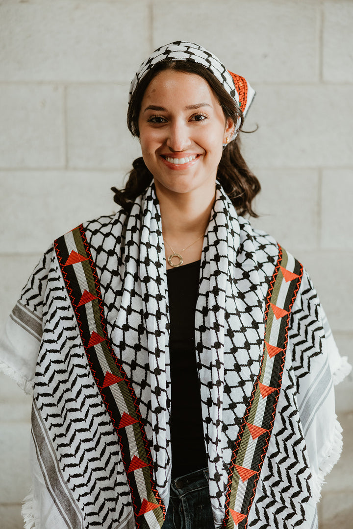 Palestine Flag Embroidered Kuffiyeh - Black and White