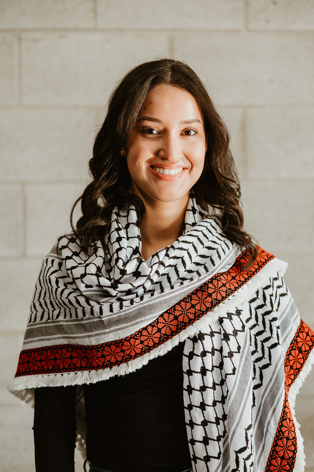 Red Poppy Embroidered Kuffiyeh - Black and White with Tassels