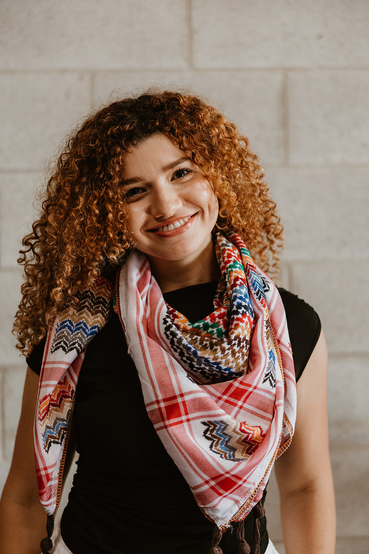 Red Multi-colored Kuffiyeh Scarf with Brown Tassels