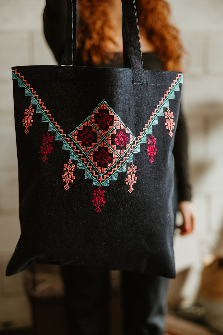 Hand Embroidered Dome & Flower Tote Bag