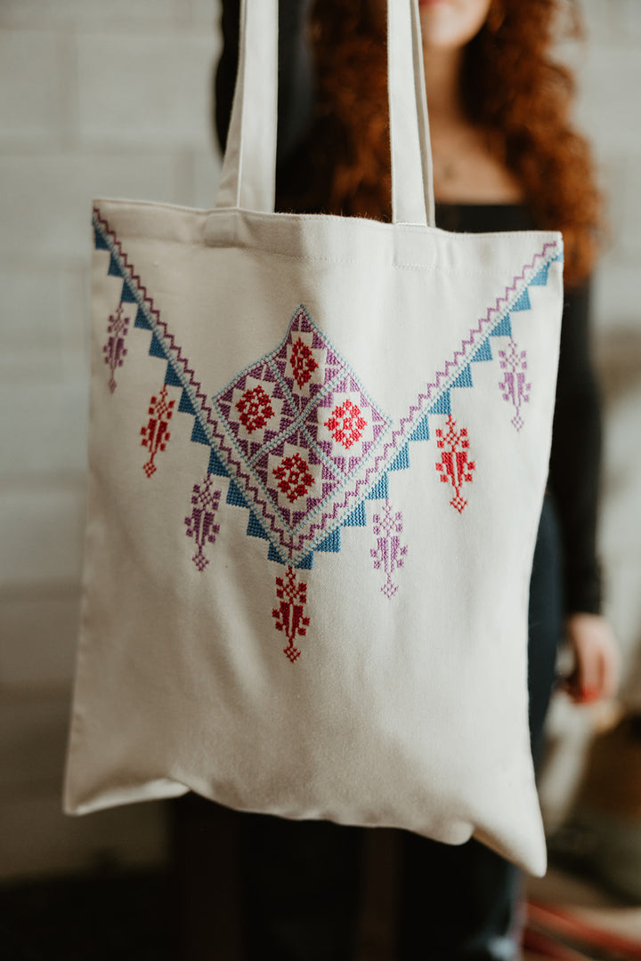 Hand Embroidered Dome & Flower Tote Bag