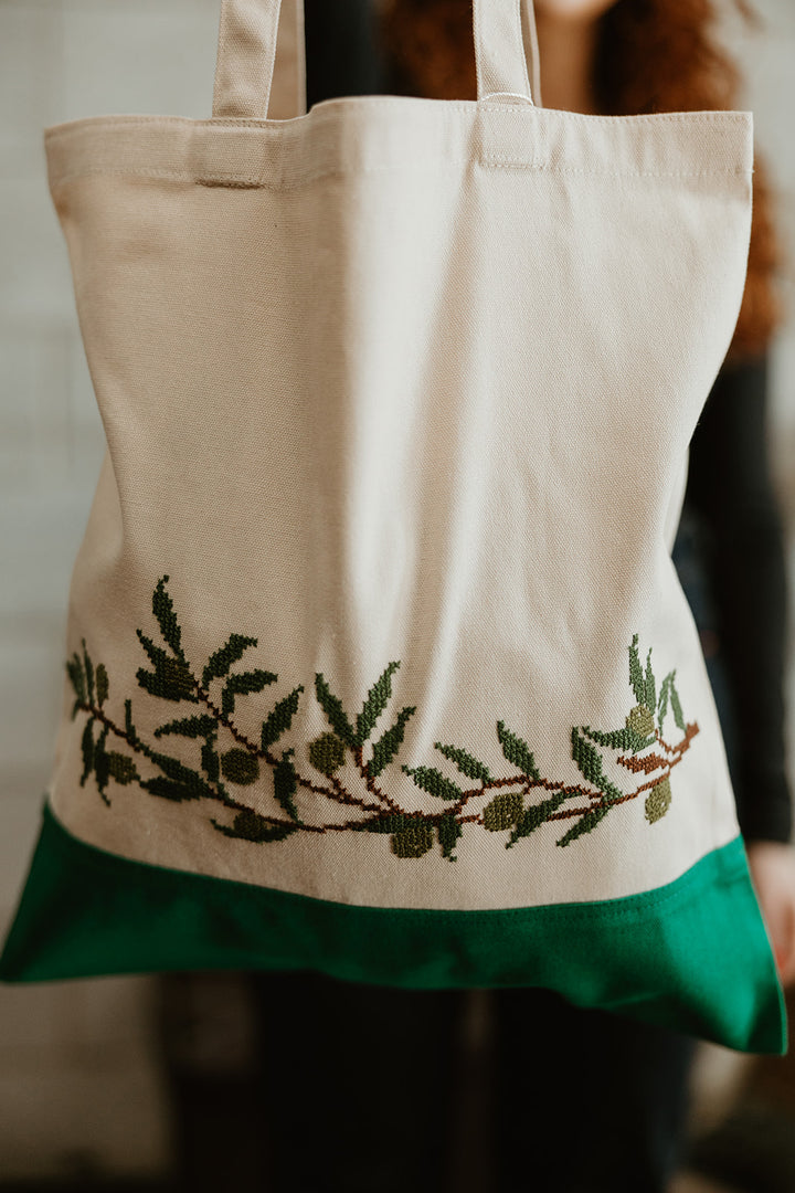 Hand Embroidered Beige and Green Olive Branch Tote Bag