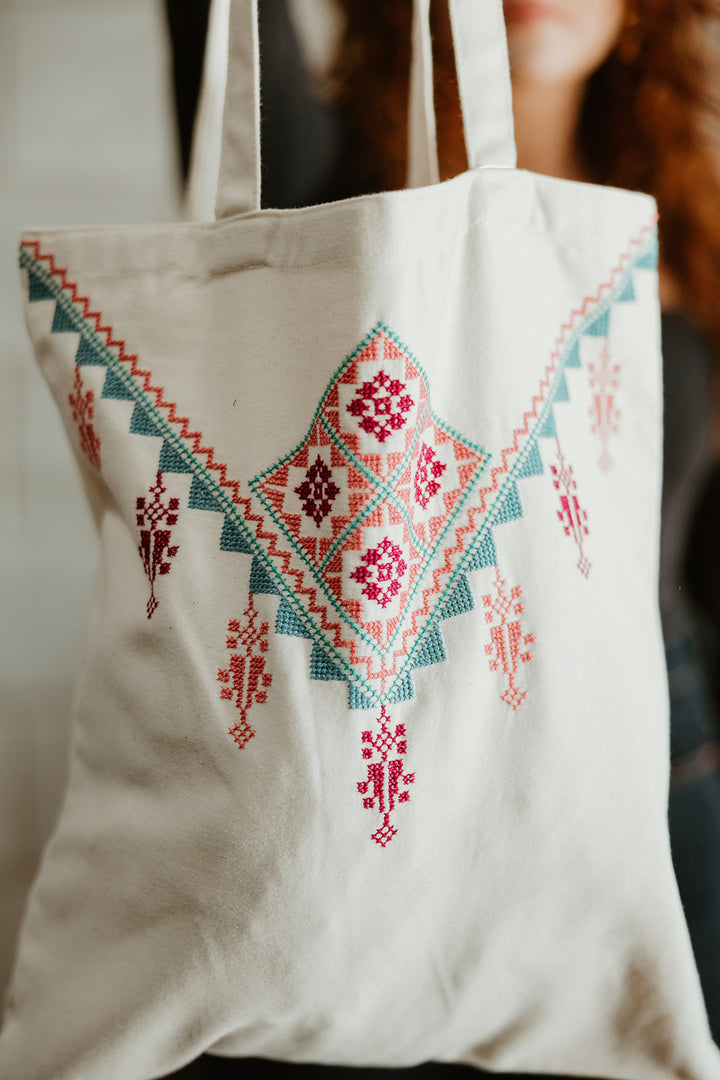 Hand Embroidered Dome & Flower Tote Bag