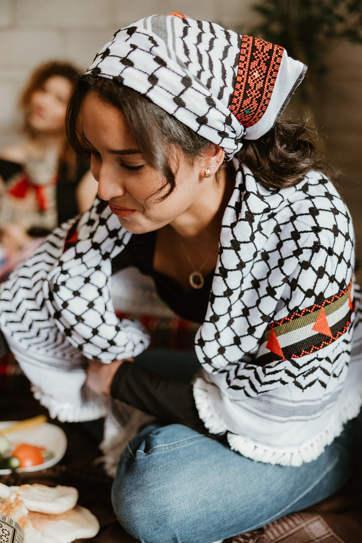 Palestine Flag Embroidered Kuffiyeh - Black and White