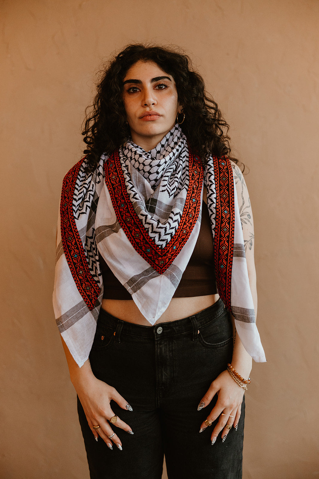 Red Jourie Embroidered Kuffiyeh - Black and White
