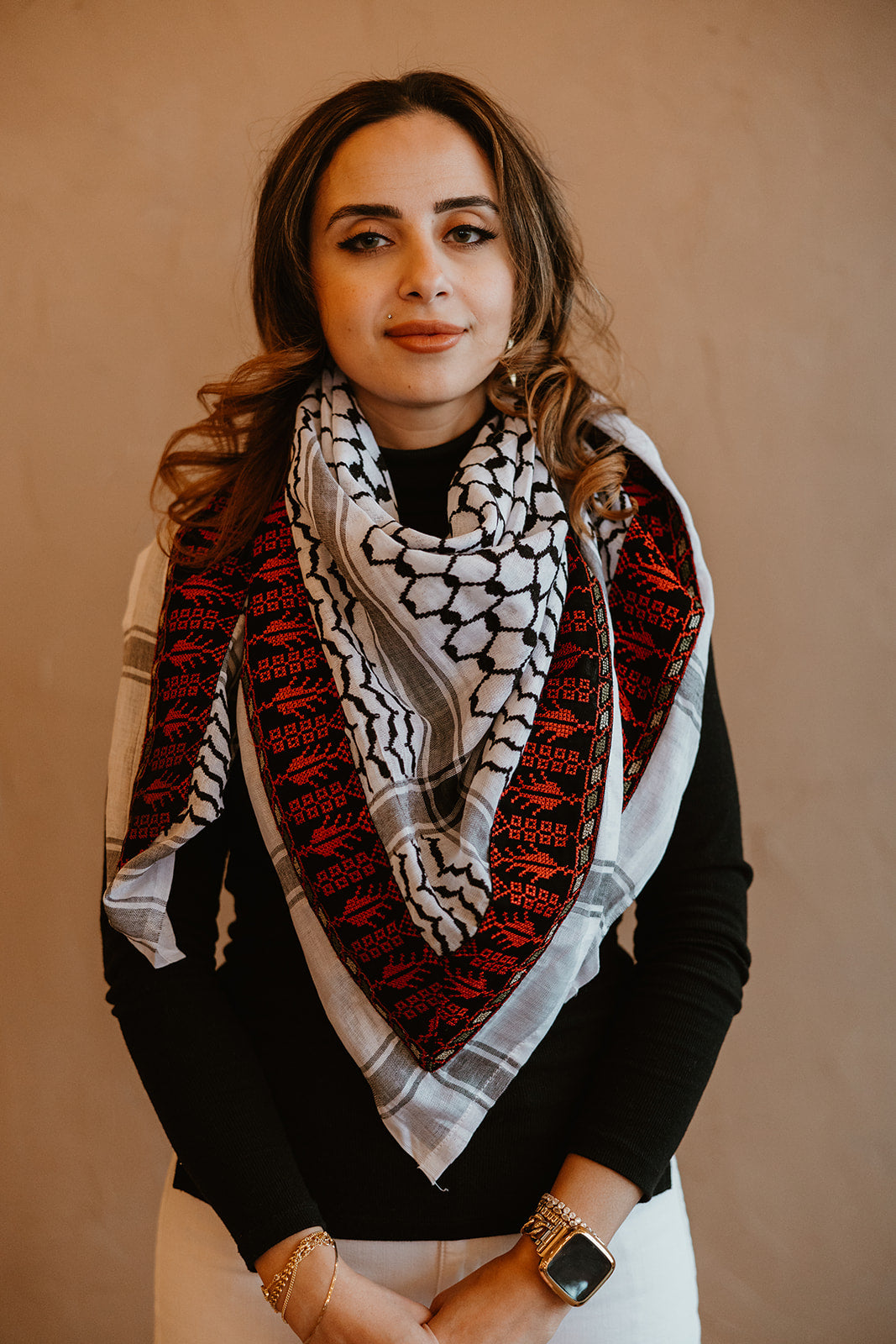 Red Olive Branch Embroidered Kuffiyeh - Black and White