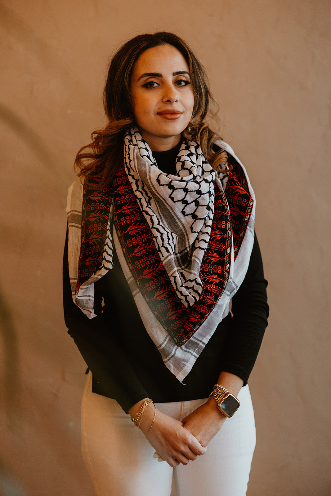 Red Olive Branch Embroidered Kuffiyeh - Black and White