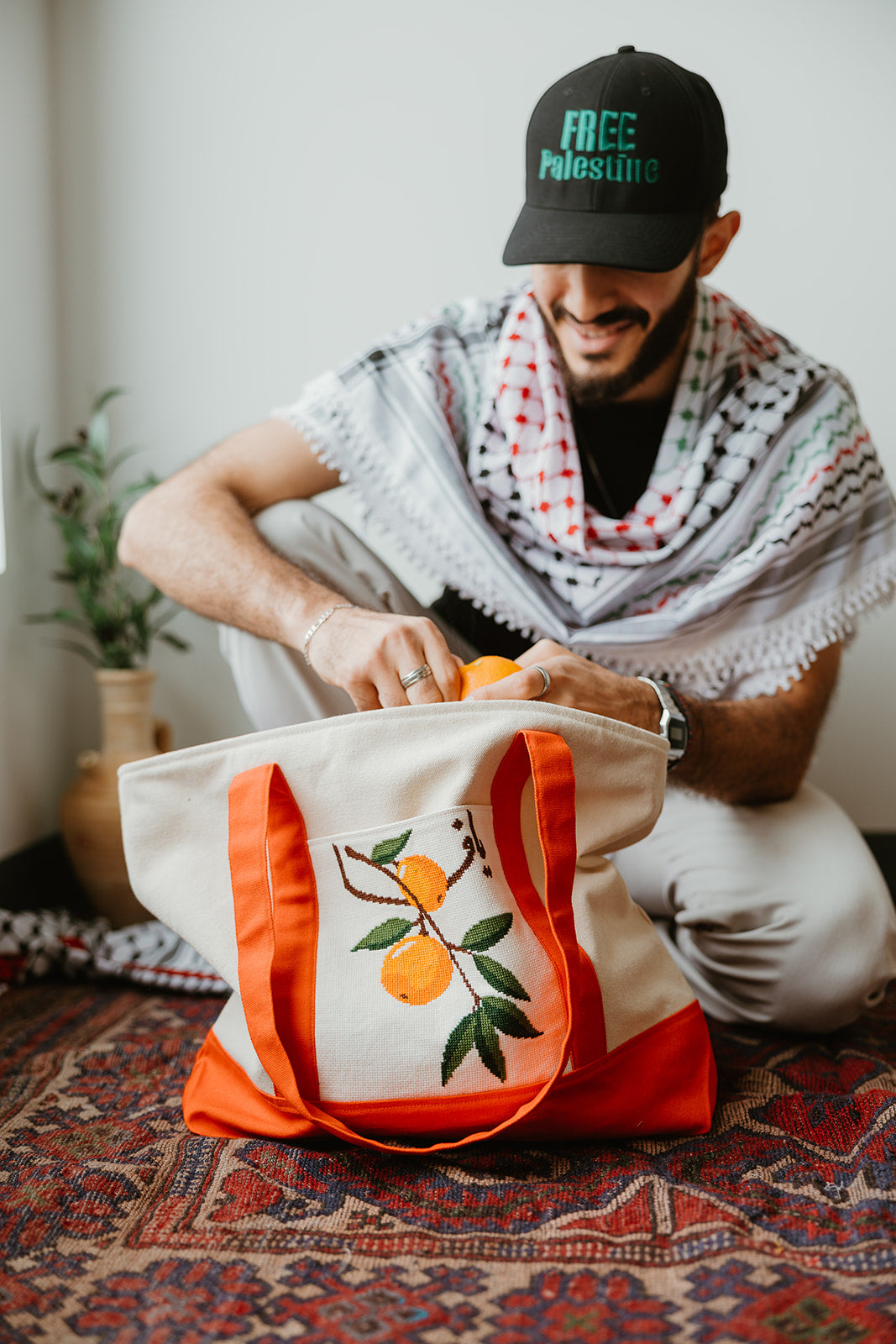 Hand Embroidered Yafa Orange Travel Tote Bag (Large)