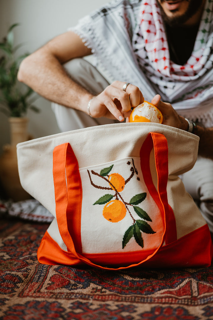 Hand Embroidered Yafa Orange Travel Tote Bag (Large)