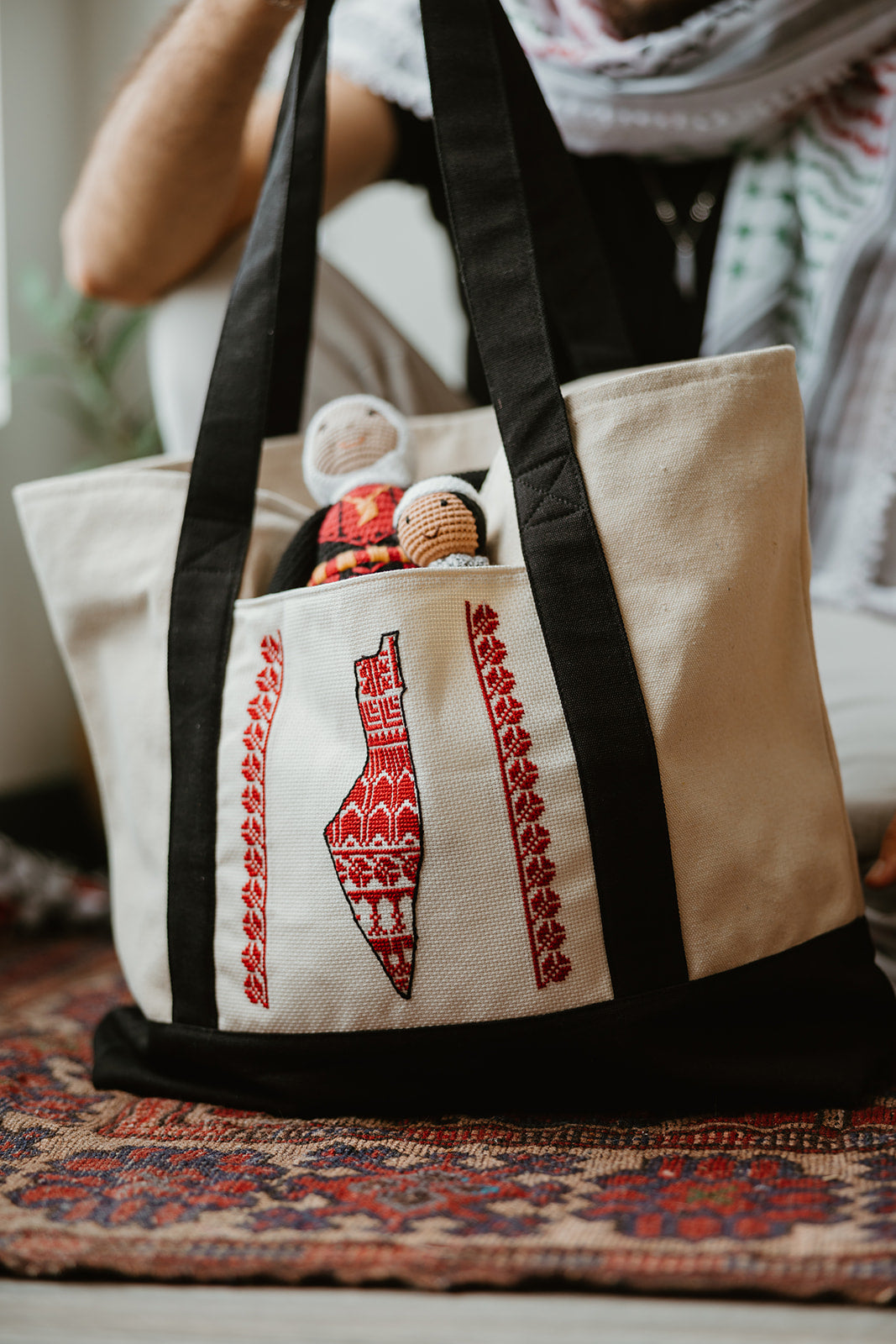 Hand Embroidered Palestine Map Travel Tote Bag (Large)