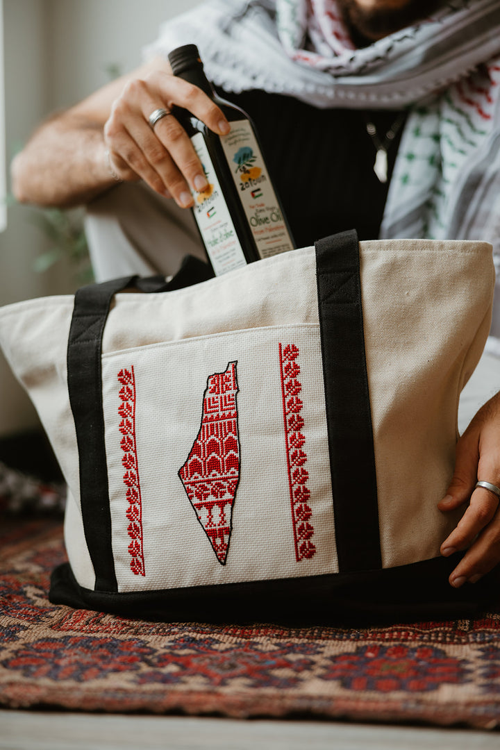 Hand Embroidered Palestine Map Travel Tote Bag (Large)