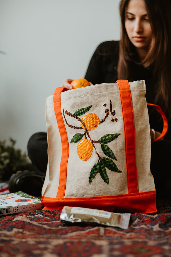 Hand Embroidered Yafa Orange Tote Bag