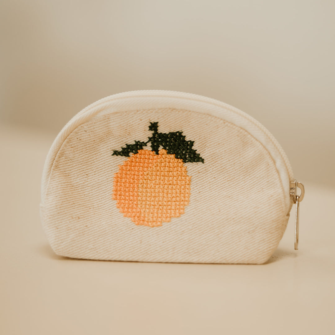 Orange Yafa Hand-Embroidered Coin Beige Pouch (medium)