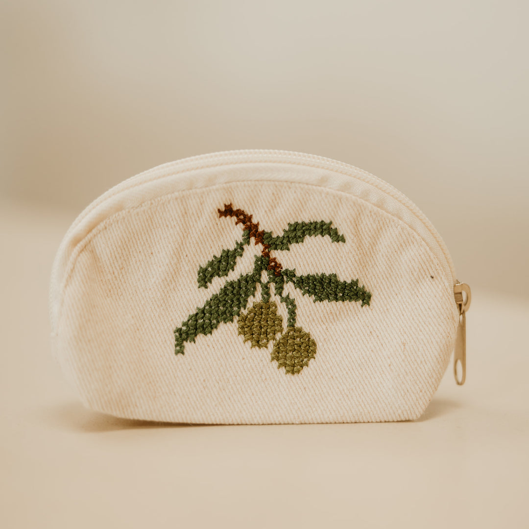 Olive Branch Hand-Embroidered Coin Beige Pouch (medium)