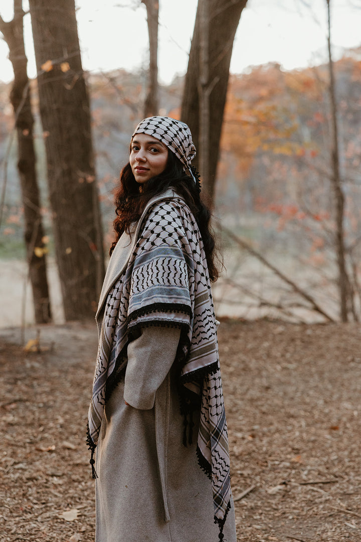 Cream and Black Kuffiyeh with Tassels