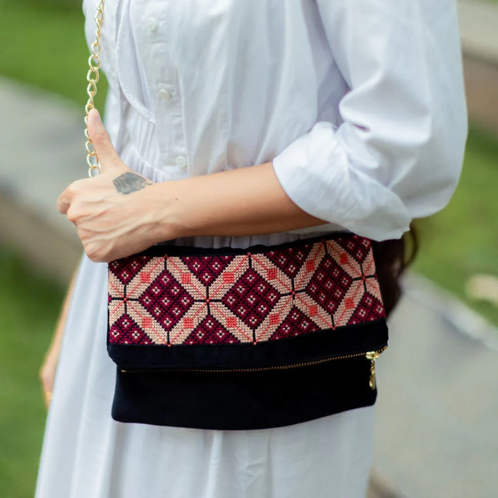 Hand Embroidered Velvet Tatreez Cross-Body Bag (Berry)